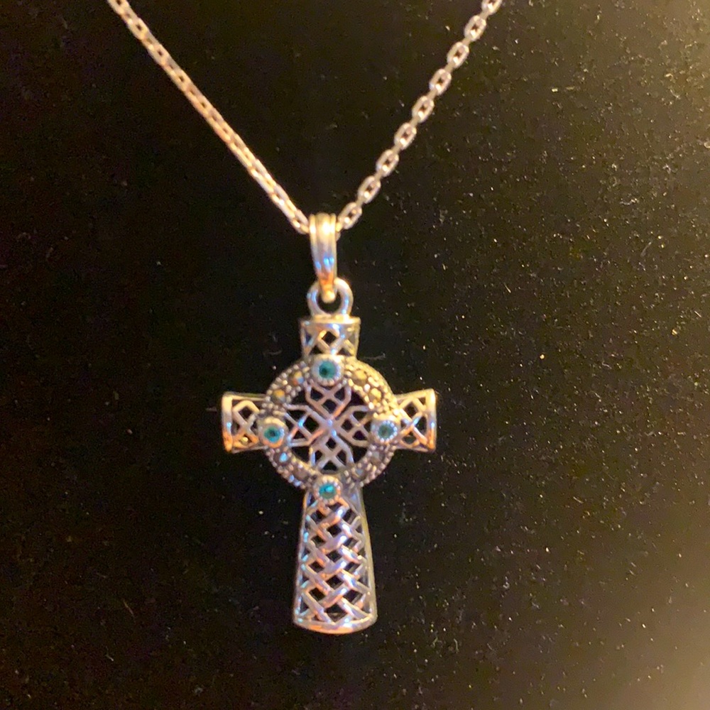 Sterling silver cross with turquoise. 18 in. chain